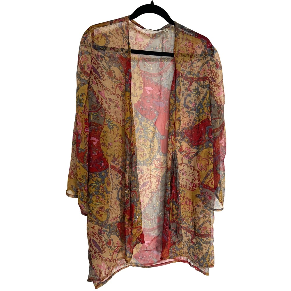 Soft Surroundings Sheer Paisley Sequin Kimono Cardigan Cover-Up Red Gold SM